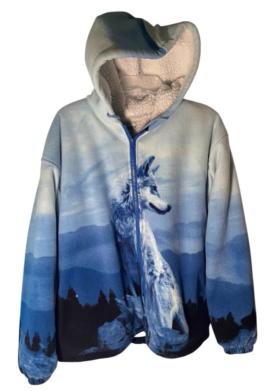 Vintage 90’s Black Canyon Wolf Mountain Western Hoodie Fleece Jacket Blue Sz XL